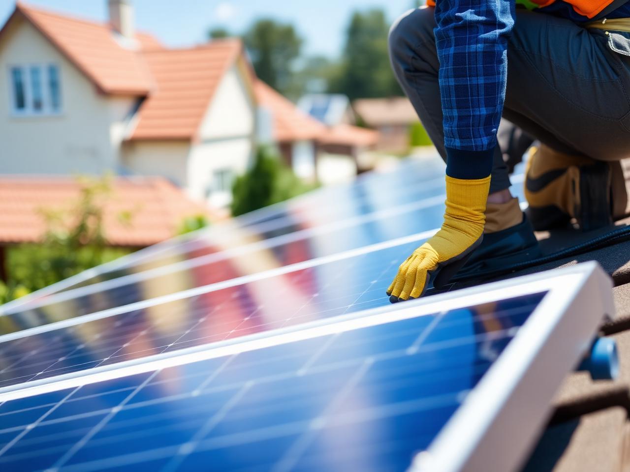 Solar technician installing rooftop panels