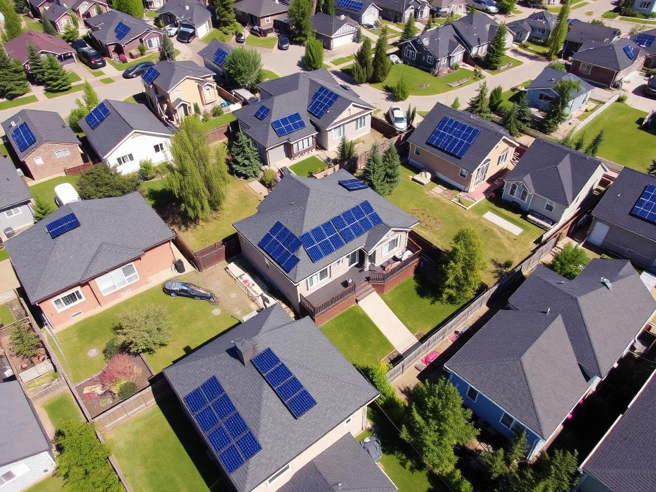 Aerial view of Calgary homes with solar panels